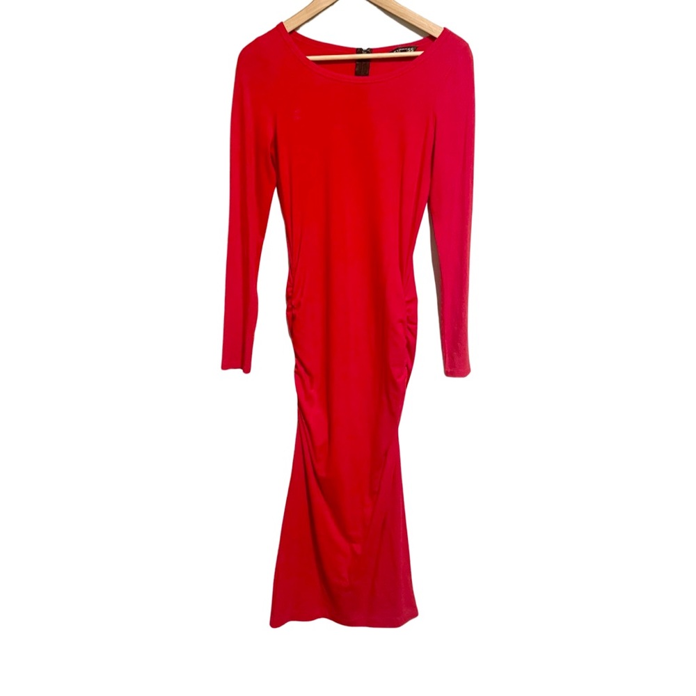 Express Red Midi Bodycon Dress Long Sleeve Ruched Holiday Party